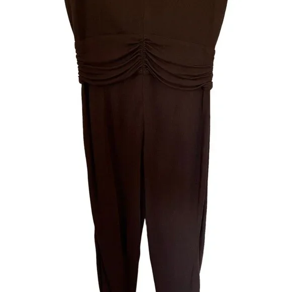 Escada Size M Gold Chain Link V-Neck Brown Jumpsuit Short Sleeve Designer